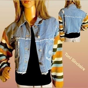 Toni Sinclaire Rainbow Knitted Sleeve Distressed Cropped Denim Jacket L SPRING